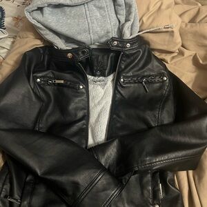 Black Faux Leather Jacket with Gray Hood